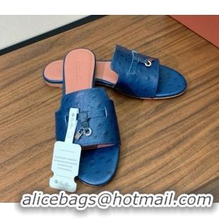 Best Price Loro Piana Summer Charms Slides Sandal in Ostrich Pattern Leather LP62316 Deep Blue