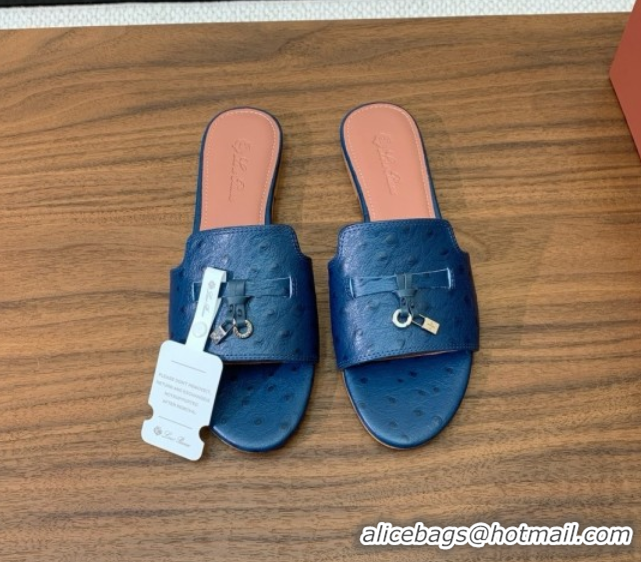 Best Price Loro Piana Summer Charms Slides Sandal in Ostrich Pattern Leather LP62316 Deep Blue