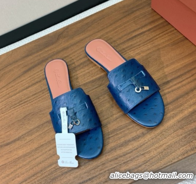 Best Price Loro Piana Summer Charms Slides Sandal in Ostrich Pattern Leather LP62316 Deep Blue