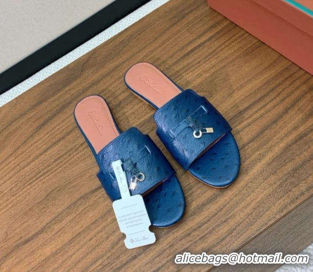 Best Price Loro Piana Summer Charms Slides Sandal in Ostrich Pattern Leather LP62316 Deep Blue