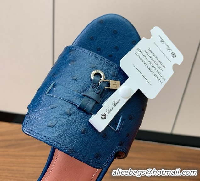 Best Price Loro Piana Summer Charms Slides Sandal in Ostrich Pattern Leather LP62316 Deep Blue