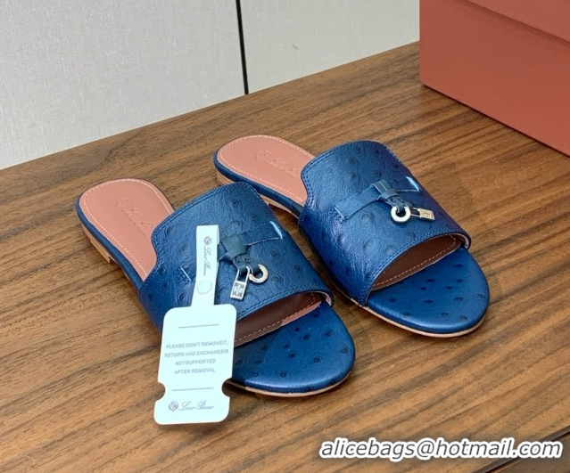Best Price Loro Piana Summer Charms Slides Sandal in Ostrich Pattern Leather LP62316 Deep Blue