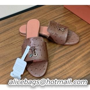Best Product Loro Piana Summer Charms Slides Sandal in Ostrich Pattern Leather LP62317 Caramel