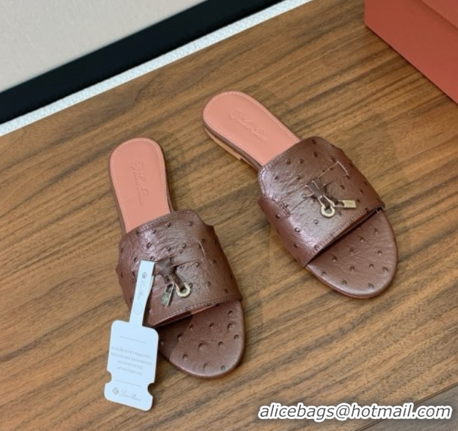 Best Product Loro Piana Summer Charms Slides Sandal in Ostrich Pattern Leather LP62317 Caramel