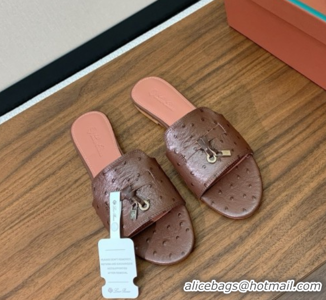 Best Product Loro Piana Summer Charms Slides Sandal in Ostrich Pattern Leather LP62317 Caramel