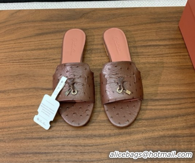 Best Product Loro Piana Summer Charms Slides Sandal in Ostrich Pattern Leather LP62317 Caramel