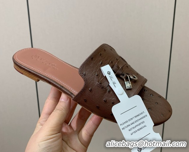 Best Product Loro Piana Summer Charms Slides Sandal in Ostrich Pattern Leather LP62317 Caramel