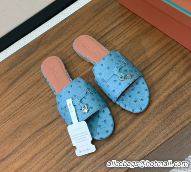 Purchase Loro Piana Summer Charms Slides Sandal in Ostrich Pattern Leather LP62318 Blue