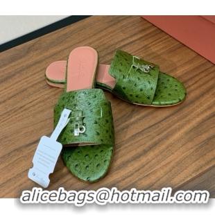 Luxury Cheap Loro Piana Summer Charms Slides Sandal in Ostrich Pattern Leather LP62319 Green