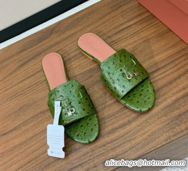 Luxury Cheap Loro Piana Summer Charms Slides Sandal in Ostrich Pattern Leather LP62319 Green