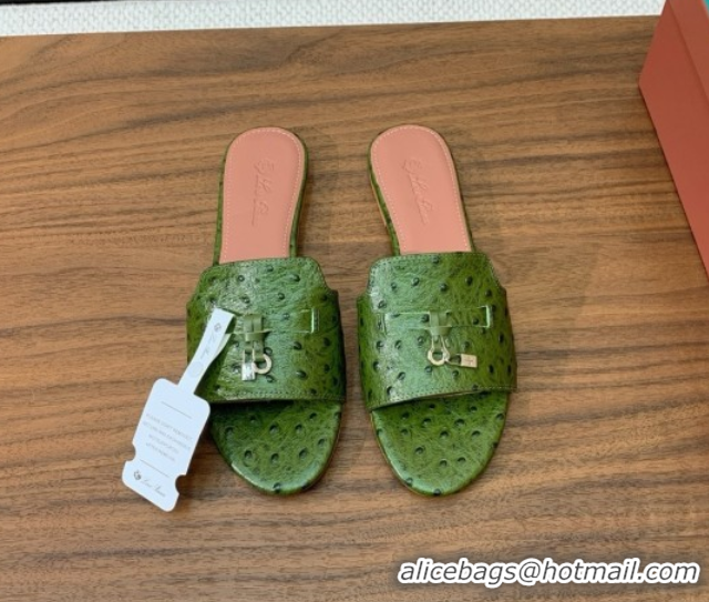 Luxury Cheap Loro Piana Summer Charms Slides Sandal in Ostrich Pattern Leather LP62319 Green