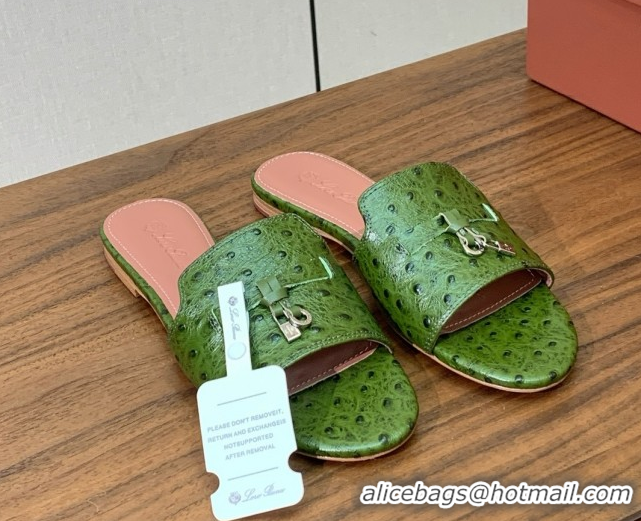 Luxury Cheap Loro Piana Summer Charms Slides Sandal in Ostrich Pattern Leather LP62319 Green