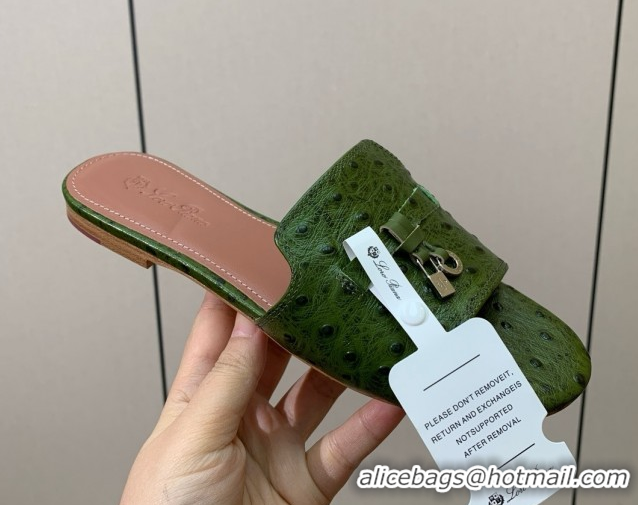 Luxury Cheap Loro Piana Summer Charms Slides Sandal in Ostrich Pattern Leather LP62319 Green