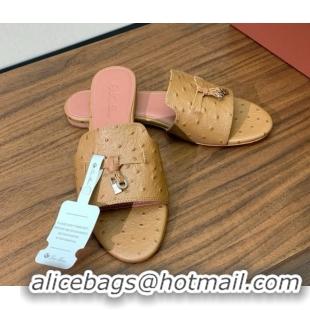 Luxury Loro Piana Summer Charms Slides Sandal in Ostrich Pattern Leather LP62320 Brown