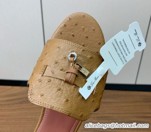 Luxury Loro Piana Summer Charms Slides Sandal in Ostrich Pattern Leather LP62320 Brown