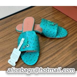 Classic Hot Loro Piana Summer Charms Slides Sandal in Ostrich Pattern Leather LP62321 Green