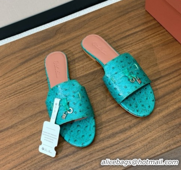 Classic Hot Loro Piana Summer Charms Slides Sandal in Ostrich Pattern Leather LP62321 Green