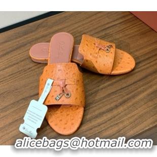 Stylish Loro Piana Summer Charms Slides Sandal in Ostrich Pattern Leather LP62322 Orange