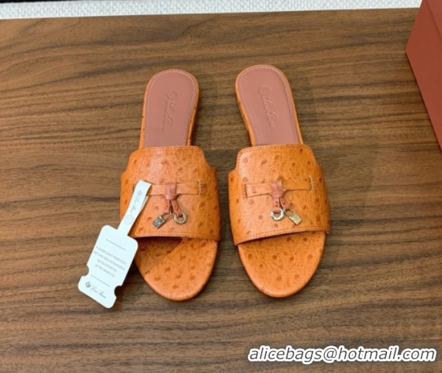 Stylish Loro Piana Summer Charms Slides Sandal in Ostrich Pattern Leather LP62322 Orange
