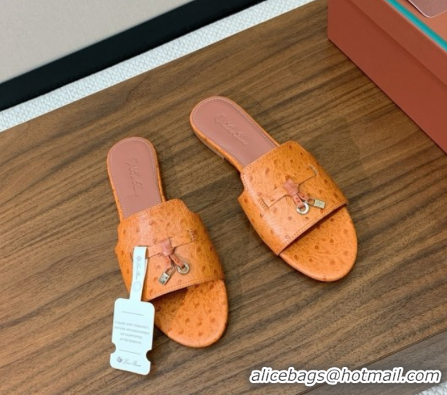 Stylish Loro Piana Summer Charms Slides Sandal in Ostrich Pattern Leather LP62322 Orange