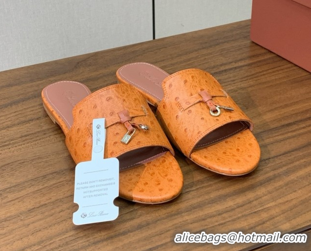 Stylish Loro Piana Summer Charms Slides Sandal in Ostrich Pattern Leather LP62322 Orange