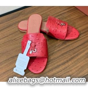 Sumptuous Loro Piana Summer Charms Slides Sandal in Ostrich Pattern Leather LP62323 Red