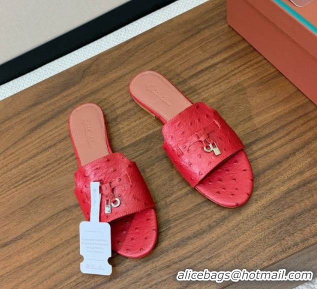 Sumptuous Loro Piana Summer Charms Slides Sandal in Ostrich Pattern Leather LP62323 Red