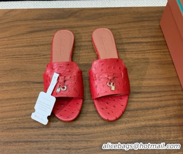 Sumptuous Loro Piana Summer Charms Slides Sandal in Ostrich Pattern Leather LP62323 Red