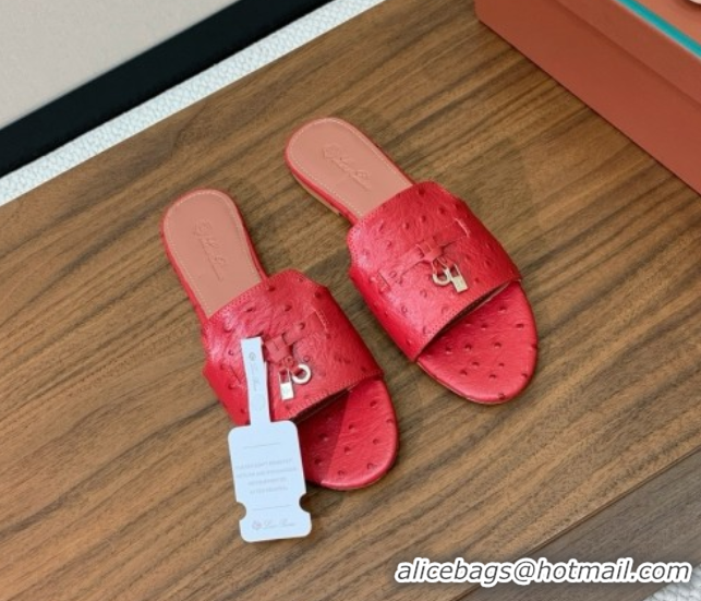 Sumptuous Loro Piana Summer Charms Slides Sandal in Ostrich Pattern Leather LP62323 Red