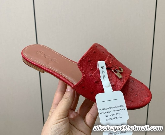 Sumptuous Loro Piana Summer Charms Slides Sandal in Ostrich Pattern Leather LP62323 Red