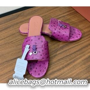 Perfect Loro Piana Summer Charms Slides Sandal in Ostrich Pattern Leather LP62324 Purple