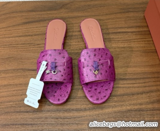 Perfect Loro Piana Summer Charms Slides Sandal in Ostrich Pattern Leather LP62324 Purple