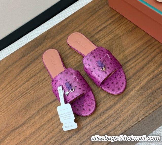 Perfect Loro Piana Summer Charms Slides Sandal in Ostrich Pattern Leather LP62324 Purple