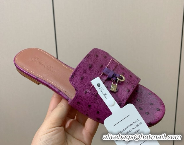 Perfect Loro Piana Summer Charms Slides Sandal in Ostrich Pattern Leather LP62324 Purple