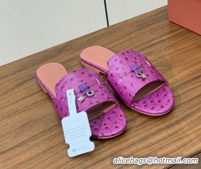 Perfect Loro Piana Summer Charms Slides Sandal in Ostrich Pattern Leather LP62324 Purple