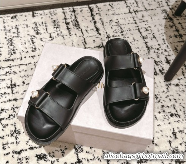Unique Style Jimmy Choo Fayence Flat Slides Sandal in Leather with Pearl Embellishment Black 0605105