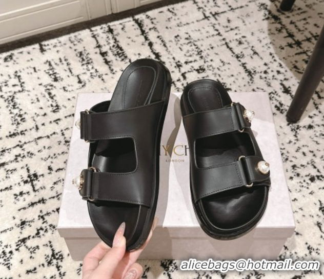 Unique Style Jimmy Choo Fayence Flat Slides Sandal in Leather with Pearl Embellishment Black 0605105