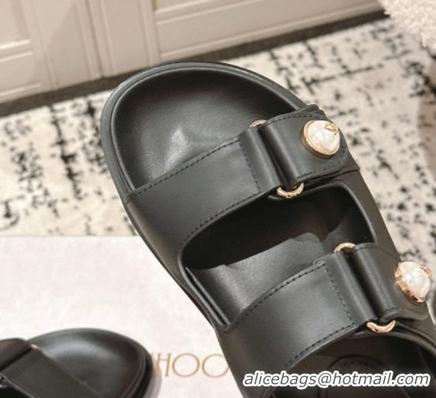 Unique Style Jimmy Choo Fayence Flat Slides Sandal in Leather with Pearl Embellishment Black 0605105
