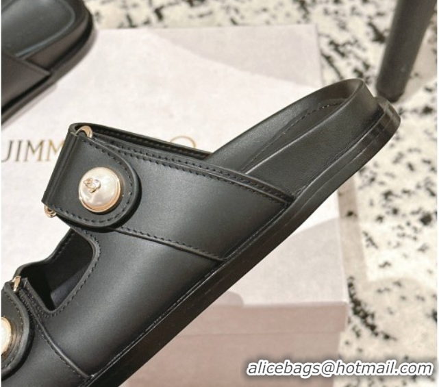 Unique Style Jimmy Choo Fayence Flat Slides Sandal in Leather with Pearl Embellishment Black 0605105