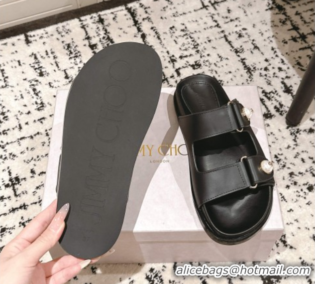 Unique Style Jimmy Choo Fayence Flat Slides Sandal in Leather with Pearl Embellishment Black 0605105