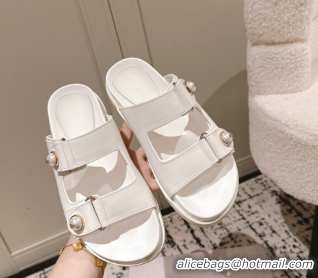 Grade Quality Jimmy Choo Fayence Flat Slides Sandal in Leather with Pearl Embellishment White 0605106