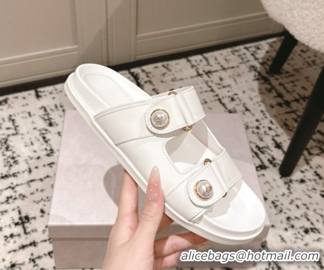 Grade Quality Jimmy Choo Fayence Flat Slides Sandal in Leather with Pearl Embellishment White 0605106