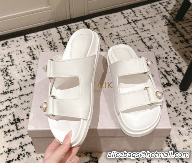 Grade Quality Jimmy Choo Fayence Flat Slides Sandal in Leather with Pearl Embellishment White 0605106