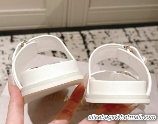 Grade Quality Jimmy Choo Fayence Flat Slides Sandal in Leather with Pearl Embellishment White 0605106