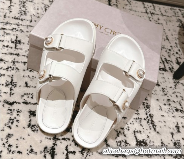 Grade Quality Jimmy Choo Fayence Flat Slides Sandal in Leather with Pearl Embellishment White 0605106