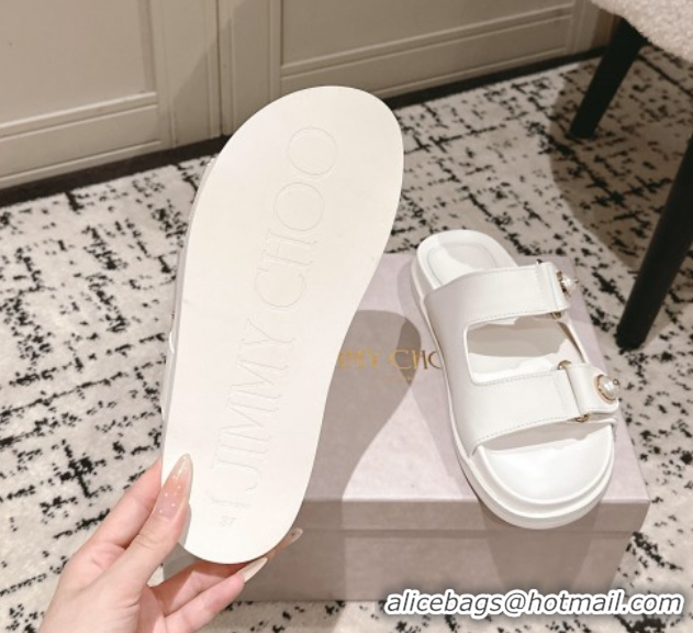 Grade Quality Jimmy Choo Fayence Flat Slides Sandal in Leather with Pearl Embellishment White 0605106