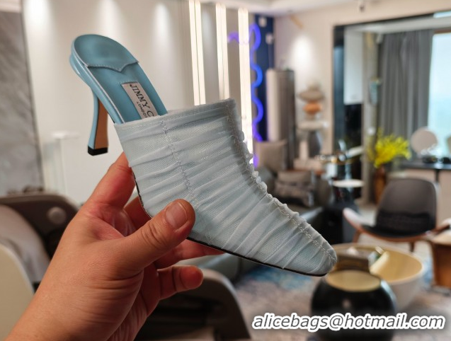 Best Grade Jimmy Choo Lotta Tulle Mesh and Nappa Leather Heel Mules 8.5cm Blue 0605113