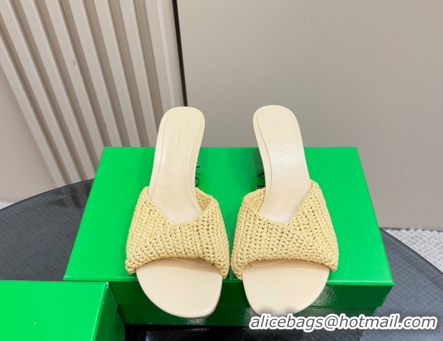 Luxury Bottega Veneta Blink Mid Heel Slides Sandal 6.5cm in Crochet Raffia Straw Beige 0428080