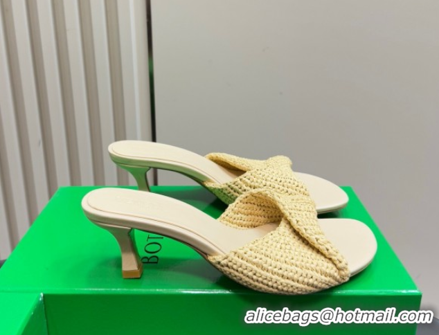 Luxury Bottega Veneta Blink Mid Heel Slides Sandal 6.5cm in Crochet Raffia Straw Beige 0428080