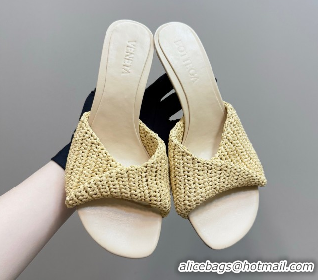 Luxury Bottega Veneta Blink Mid Heel Slides Sandal 6.5cm in Crochet Raffia Straw Beige 0428080